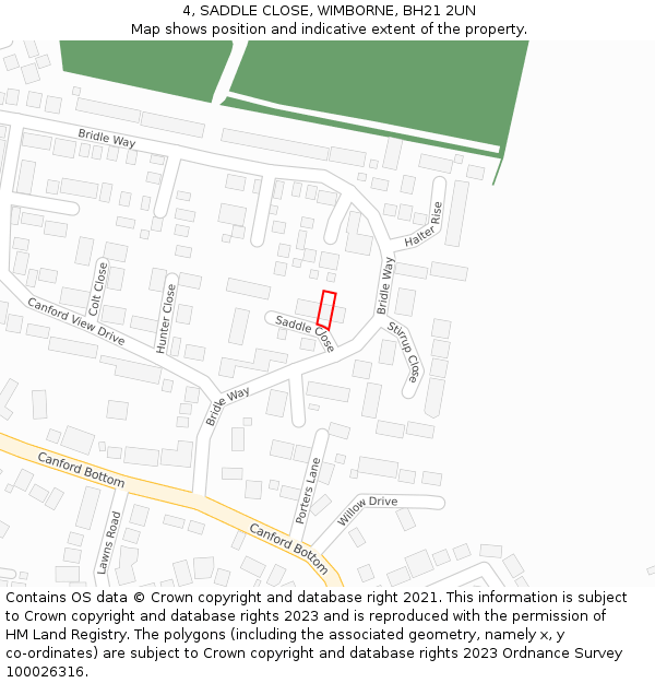 4, SADDLE CLOSE, WIMBORNE, BH21 2UN: Location map and indicative extent of plot