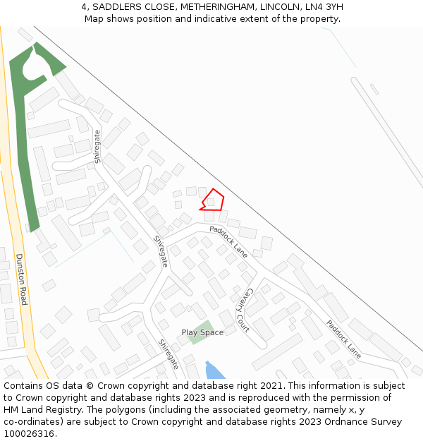 4, SADDLERS CLOSE, METHERINGHAM, LINCOLN, LN4 3YH: Location map and indicative extent of plot