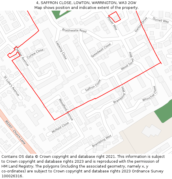 4, SAFFRON CLOSE, LOWTON, WARRINGTON, WA3 2GW: Location map and indicative extent of plot