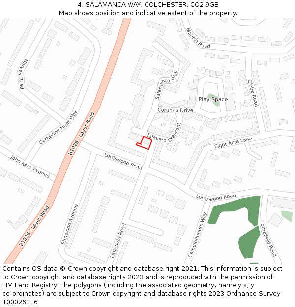 4, SALAMANCA WAY, COLCHESTER, CO2 9GB: Location map and indicative extent of plot