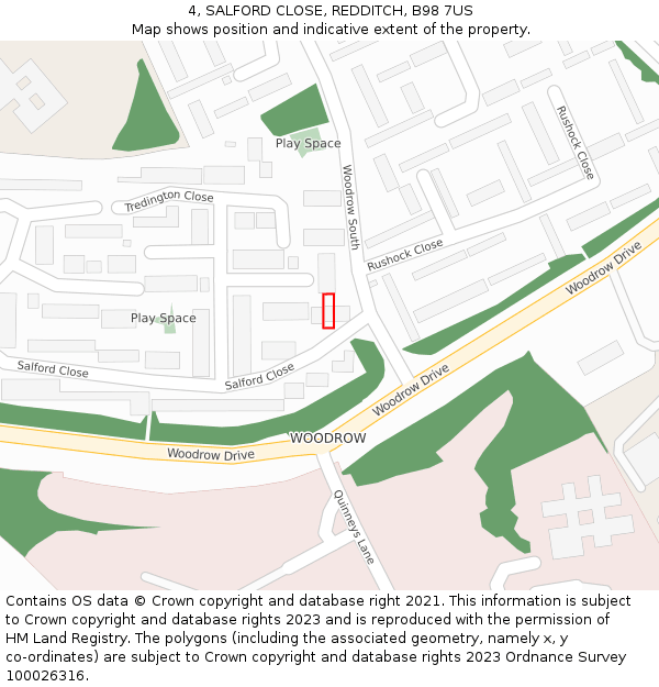 4, SALFORD CLOSE, REDDITCH, B98 7US: Location map and indicative extent of plot