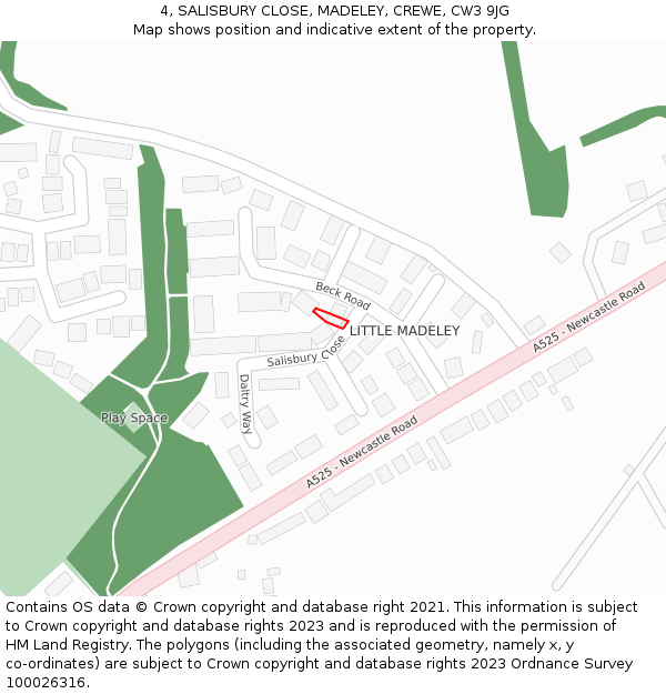 4, SALISBURY CLOSE, MADELEY, CREWE, CW3 9JG: Location map and indicative extent of plot