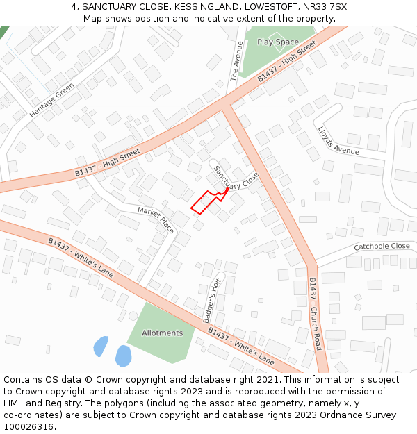 4, SANCTUARY CLOSE, KESSINGLAND, LOWESTOFT, NR33 7SX: Location map and indicative extent of plot