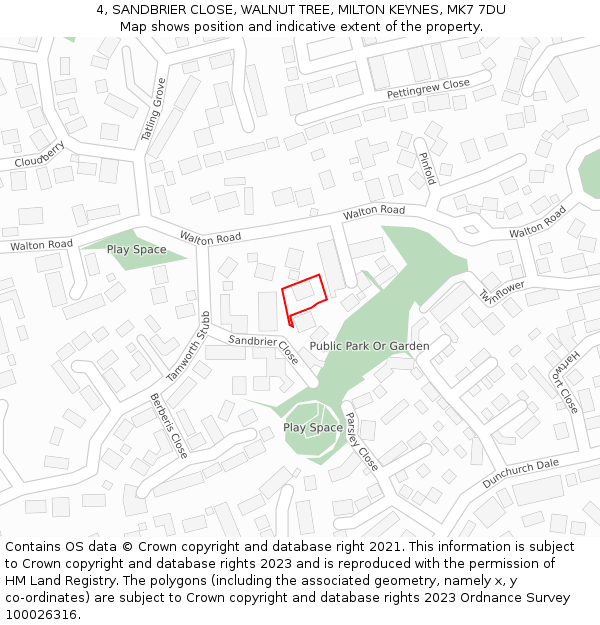 4, SANDBRIER CLOSE, WALNUT TREE, MILTON KEYNES, MK7 7DU: Location map and indicative extent of plot