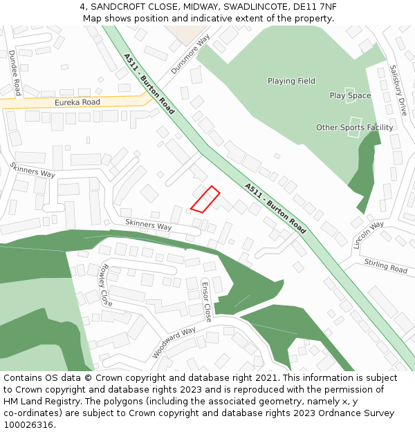 4, SANDCROFT CLOSE, MIDWAY, SWADLINCOTE, DE11 7NF: Location map and indicative extent of plot