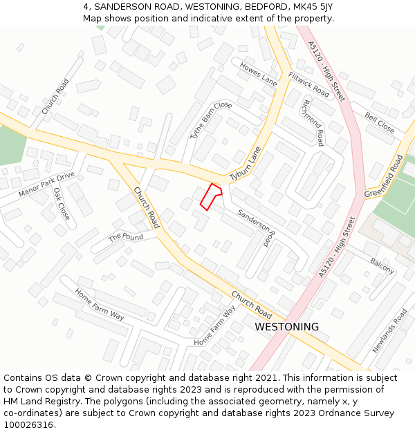 4, SANDERSON ROAD, WESTONING, BEDFORD, MK45 5JY: Location map and indicative extent of plot