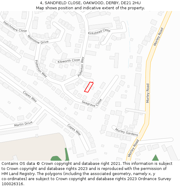 4, SANDFIELD CLOSE, OAKWOOD, DERBY, DE21 2HU: Location map and indicative extent of plot