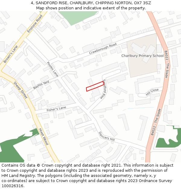 4, SANDFORD RISE, CHARLBURY, CHIPPING NORTON, OX7 3SZ: Location map and indicative extent of plot
