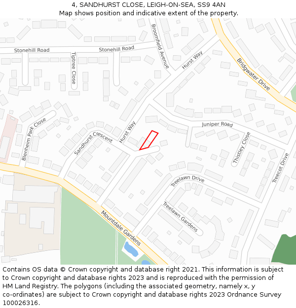 4, SANDHURST CLOSE, LEIGH-ON-SEA, SS9 4AN: Location map and indicative extent of plot