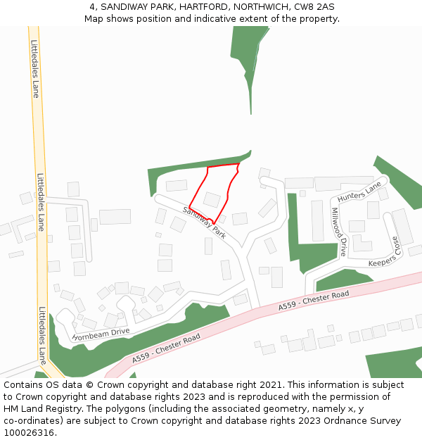 4, SANDIWAY PARK, HARTFORD, NORTHWICH, CW8 2AS: Location map and indicative extent of plot