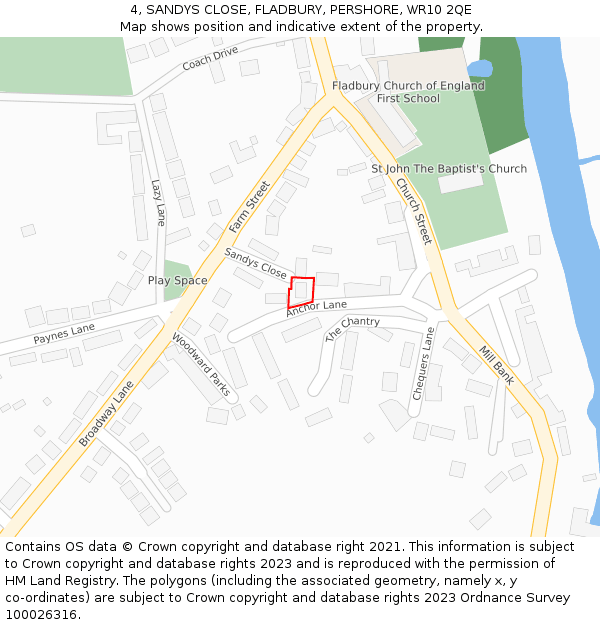 4, SANDYS CLOSE, FLADBURY, PERSHORE, WR10 2QE: Location map and indicative extent of plot