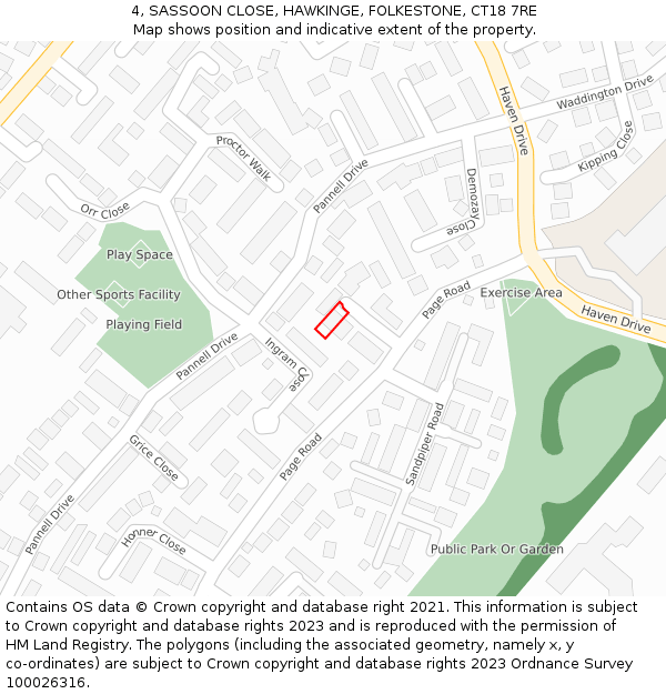 4, SASSOON CLOSE, HAWKINGE, FOLKESTONE, CT18 7RE: Location map and indicative extent of plot