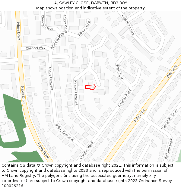 4, SAWLEY CLOSE, DARWEN, BB3 3QY: Location map and indicative extent of plot