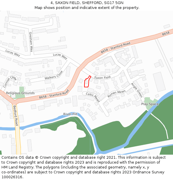 4, SAXON FIELD, SHEFFORD, SG17 5GN: Location map and indicative extent of plot