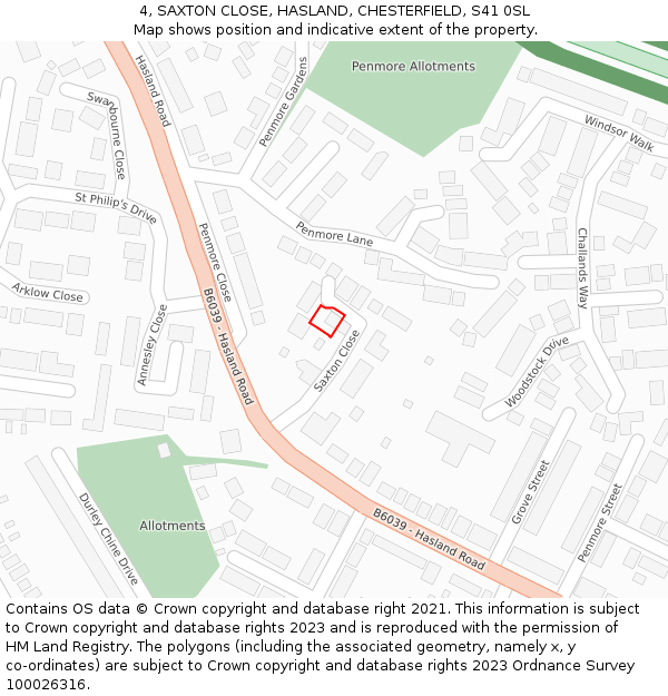 4, SAXTON CLOSE, HASLAND, CHESTERFIELD, S41 0SL: Location map and indicative extent of plot