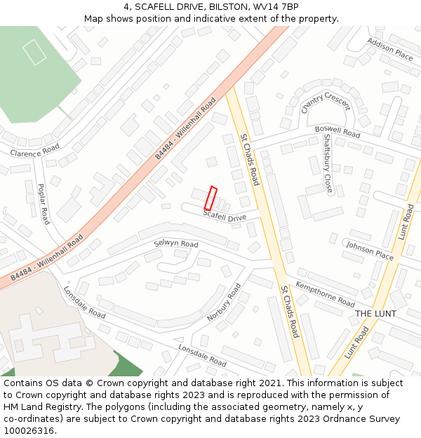 4, SCAFELL DRIVE, BILSTON, WV14 7BP: Location map and indicative extent of plot