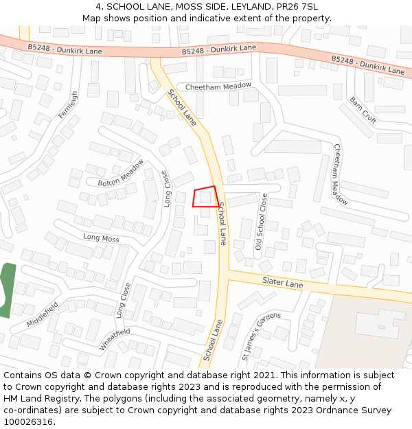 4, SCHOOL LANE, MOSS SIDE, LEYLAND, PR26 7SL: Location map and indicative extent of plot