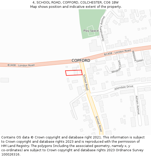 4, SCHOOL ROAD, COPFORD, COLCHESTER, CO6 1BW: Location map and indicative extent of plot