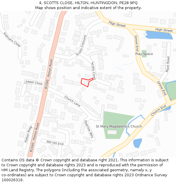 4, SCOTTS CLOSE, HILTON, HUNTINGDON, PE28 9PQ: Location map and indicative extent of plot