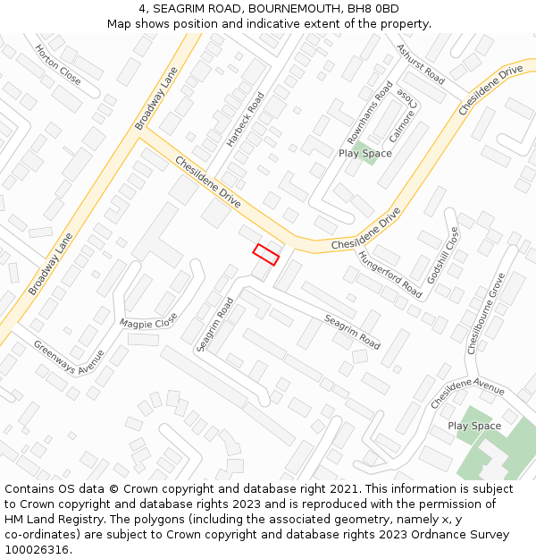 4, SEAGRIM ROAD, BOURNEMOUTH, BH8 0BD: Location map and indicative extent of plot