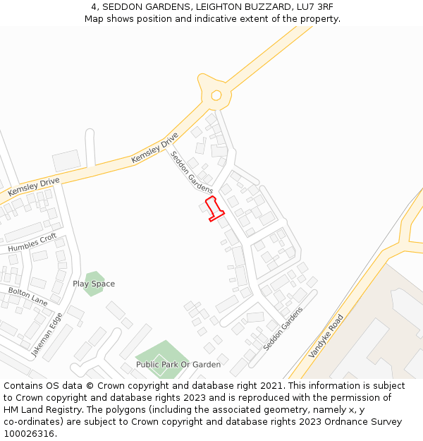 4, SEDDON GARDENS, LEIGHTON BUZZARD, LU7 3RF: Location map and indicative extent of plot