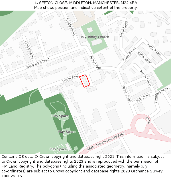 4, SEFTON CLOSE, MIDDLETON, MANCHESTER, M24 4BA: Location map and indicative extent of plot