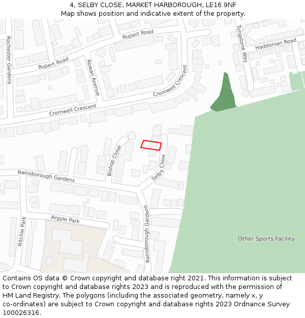 4, SELBY CLOSE, MARKET HARBOROUGH, LE16 9NF: Location map and indicative extent of plot