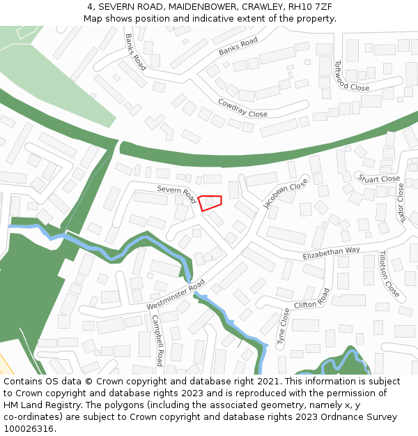 4, SEVERN ROAD, MAIDENBOWER, CRAWLEY, RH10 7ZF: Location map and indicative extent of plot