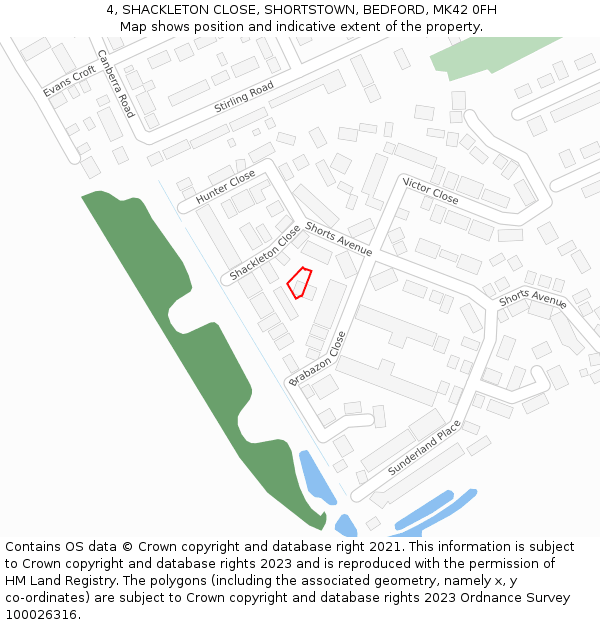 4, SHACKLETON CLOSE, SHORTSTOWN, BEDFORD, MK42 0FH: Location map and indicative extent of plot