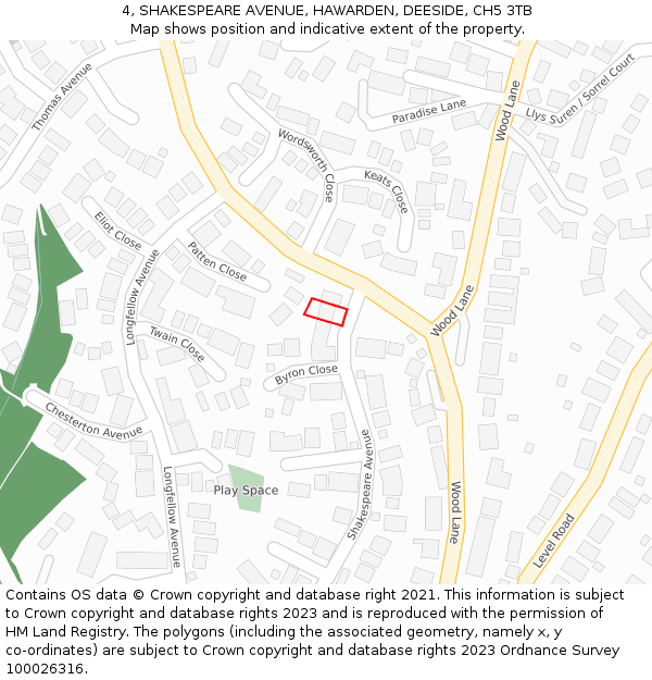 4, SHAKESPEARE AVENUE, HAWARDEN, DEESIDE, CH5 3TB: Location map and indicative extent of plot