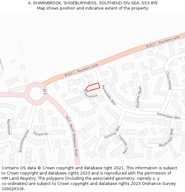 4, SHARNBROOK, SHOEBURYNESS, SOUTHEND-ON-SEA, SS3 8YE: Location map and indicative extent of plot