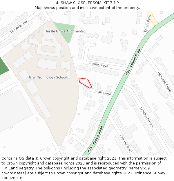 4, SHAW CLOSE, EPSOM, KT17 1JP: Location map and indicative extent of plot