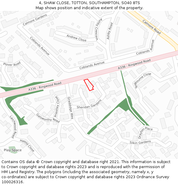 4, SHAW CLOSE, TOTTON, SOUTHAMPTON, SO40 8TS: Location map and indicative extent of plot