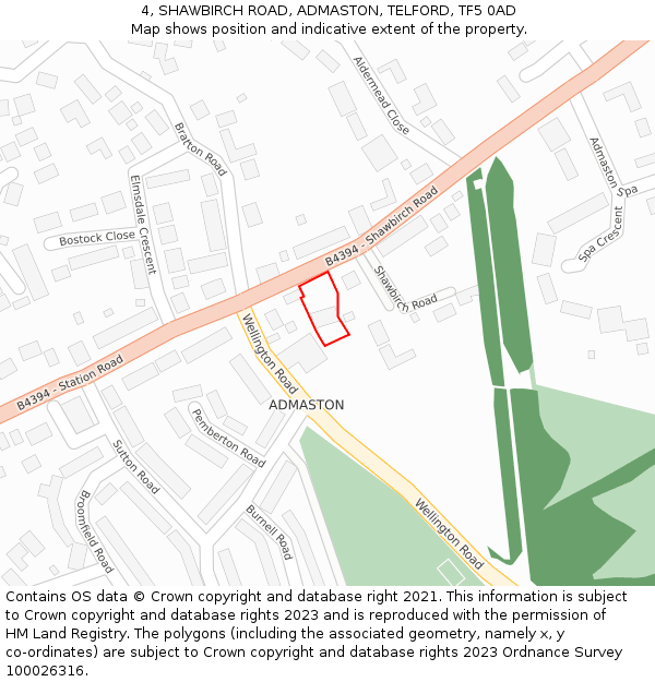 4, SHAWBIRCH ROAD, ADMASTON, TELFORD, TF5 0AD: Location map and indicative extent of plot