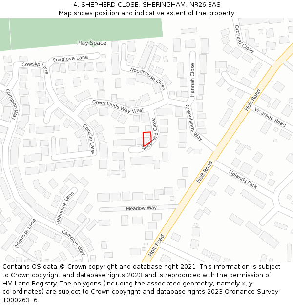 4, SHEPHERD CLOSE, SHERINGHAM, NR26 8AS: Location map and indicative extent of plot