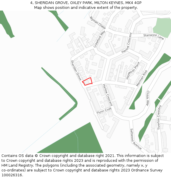 4, SHERIDAN GROVE, OXLEY PARK, MILTON KEYNES, MK4 4GP: Location map and indicative extent of plot