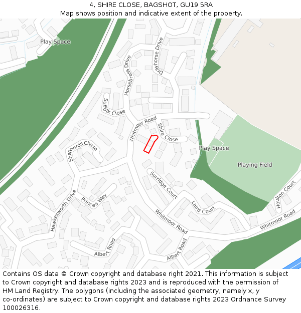 4, SHIRE CLOSE, BAGSHOT, GU19 5RA: Location map and indicative extent of plot