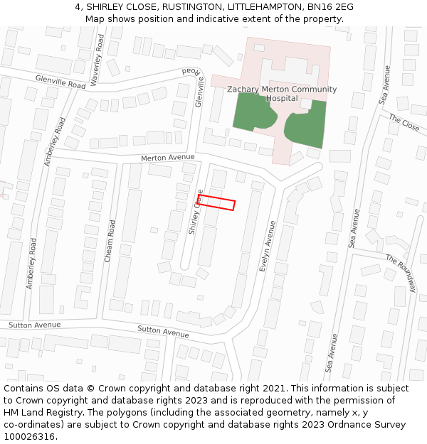 4, SHIRLEY CLOSE, RUSTINGTON, LITTLEHAMPTON, BN16 2EG: Location map and indicative extent of plot