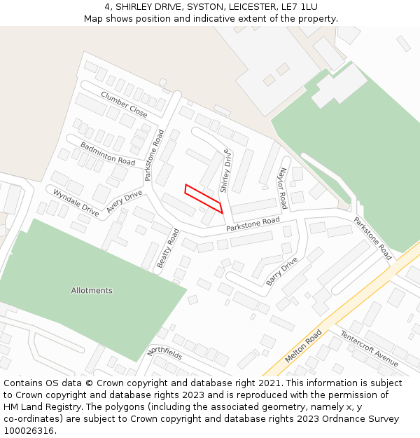 4, SHIRLEY DRIVE, SYSTON, LEICESTER, LE7 1LU: Location map and indicative extent of plot