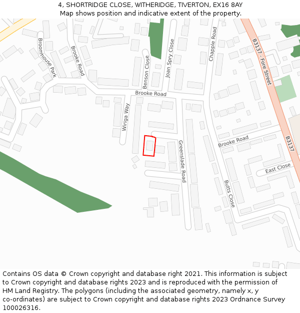 4, SHORTRIDGE CLOSE, WITHERIDGE, TIVERTON, EX16 8AY: Location map and indicative extent of plot