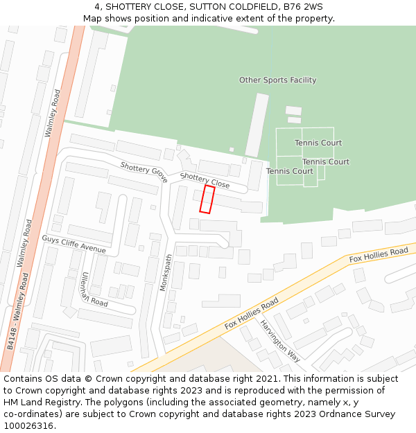 4, SHOTTERY CLOSE, SUTTON COLDFIELD, B76 2WS: Location map and indicative extent of plot
