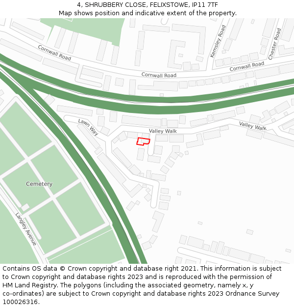 4, SHRUBBERY CLOSE, FELIXSTOWE, IP11 7TF: Location map and indicative extent of plot