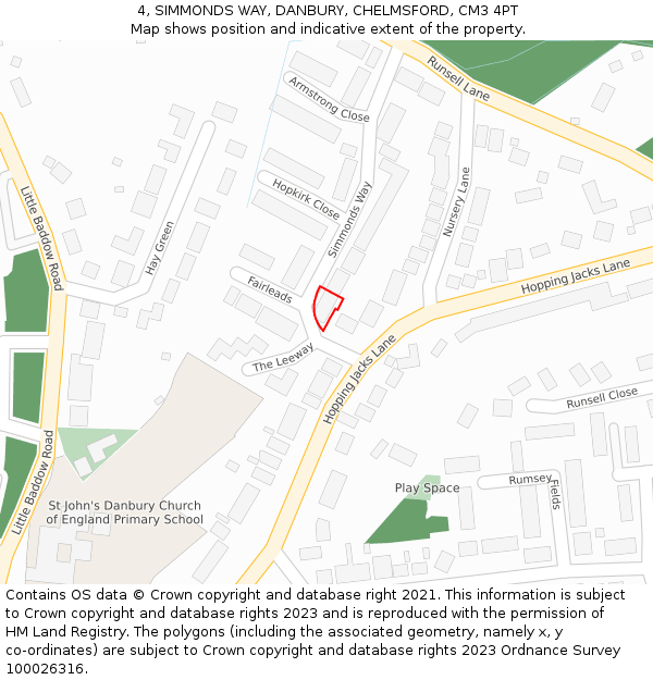 4, SIMMONDS WAY, DANBURY, CHELMSFORD, CM3 4PT: Location map and indicative extent of plot