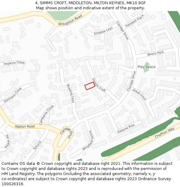 4, SIMMS CROFT, MIDDLETON, MILTON KEYNES, MK10 9GF: Location map and indicative extent of plot