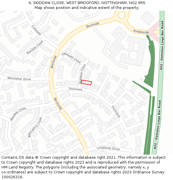 4, SKIDDAW CLOSE, WEST BRIDGFORD, NOTTINGHAM, NG2 6RS: Location map and indicative extent of plot