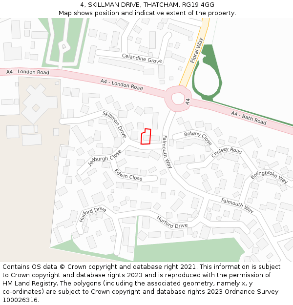 4, SKILLMAN DRIVE, THATCHAM, RG19 4GG: Location map and indicative extent of plot