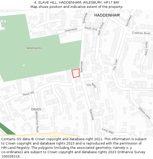 4, SLAVE HILL, HADDENHAM, AYLESBURY, HP17 8AY: Location map and indicative extent of plot