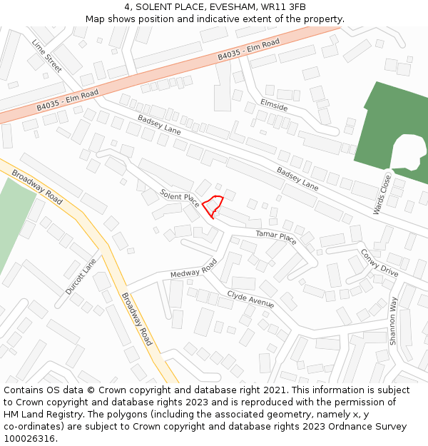 4, SOLENT PLACE, EVESHAM, WR11 3FB: Location map and indicative extent of plot