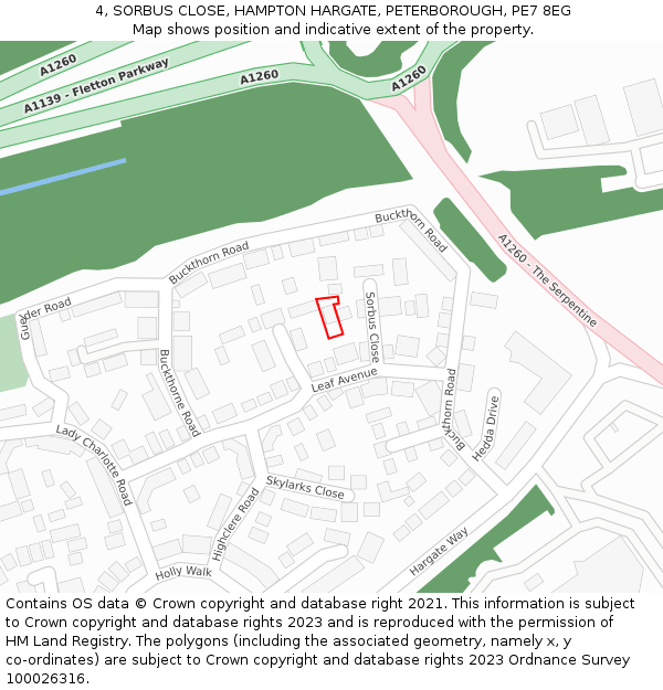 4, SORBUS CLOSE, HAMPTON HARGATE, PETERBOROUGH, PE7 8EG: Location map and indicative extent of plot
