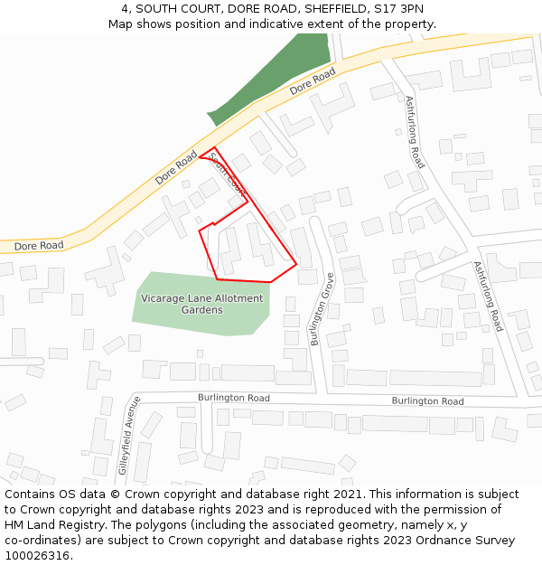 4, SOUTH COURT, DORE ROAD, SHEFFIELD, S17 3PN: Location map and indicative extent of plot